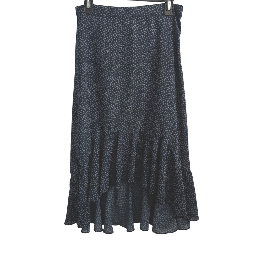 H&M Ruffle Skirt Womens 10 Navy Blue White & High Low Flower Dots Midi Sheer, 10